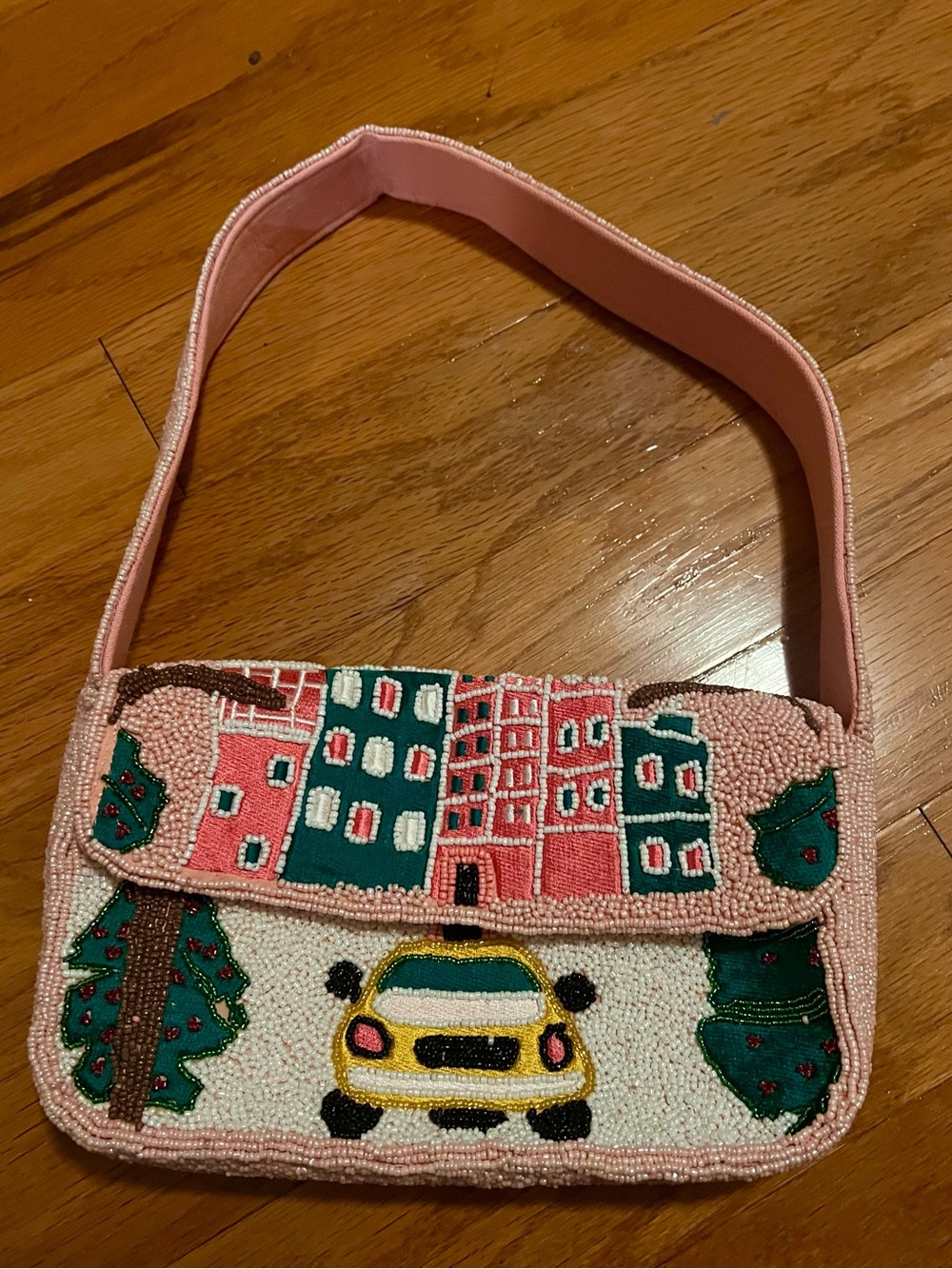 Source Unknown Pink and Teal Beaded Cityscape Shoulder Bag